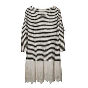 Soft Surroundings L Breton Striped Crochet Lace Hem Dress Nautical Buttons